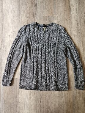 L.L. Bean Marled Black and White Cable Crewneck Sweater